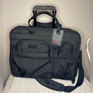 Tumi Alpha Rolling Deluxe Ballistic Nylon & Leather Briefcase on wheels w/ strap
